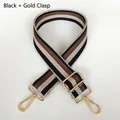 Detail of adjustable thick woven bag strap with black and coffee stripes and gold hooks - Black + Gold Hook