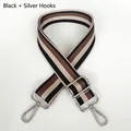 Close-up of black and brown striped adjustable shoulder strap with silver metal hooks - Black + Silver Hook