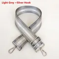 Close-up of adjustable light gray striped shoulder strap with silver metal hooks - Light Gray + Silver Hook