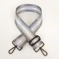 Detail of light grey striped strap with adjustable gunmetal metal hooks and buckle - Light Gray + Gunmetal Hook