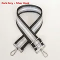 Detail of adjustable dark gray striped bag strap with shiny silver metal lobster hooks - Dark Gray + Silver Hook