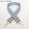 Detail of blue houndstooth handbag strap with adjustable gold buckle and metal hooks - Blue 1 + Gold Hook