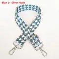 Detail of blue houndstooth wide bag strap with polished silver lobster claw metal clasps - Blue 1 + Silver Hook