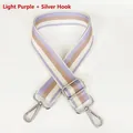 Detailed view of adjustable striped wide shoulder strap with silver metal swivel hooks - Light Purple + Silver Hook