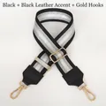 Detail of adjustable black and silver striped nylon bag strap with gold metal hooks - Black Stripe with Black Leather and Gold Hook