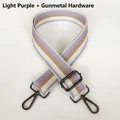 Detail of light purple and brown striped bag strap with gunmetal adjustable hook - Light Purple + Gunmetal Hook