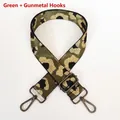 Detail of adjustable green leopard print bag strap with gunmetal swivel hooks and metallic thread - Green + Gunmetal Hook