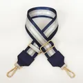 Adjustable blue and white striped nylon bag strap with gold metal hooks and leather ends - Blue with Blue Leather and Gold Hooks