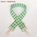 Detail view of adjustable green houndstooth bag strap with premium gold metal swivel hooks - Green + Gold Hook