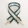 Macro shot of green and white striped bag strap with durable gold metal swivel hooks - Green + Gold Hook