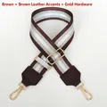 Detail of coffee woven bag strap with silver threads and gold metal swivel snap hooks - Coffee + Coffee Leather + Gold Hook