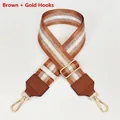 Detail of 5cm nylon shoulder strap with brown and white weave and gold metal swivel hook - Brown + Gold Hook