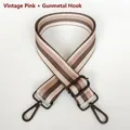 Detail of adjustable woven bag strap with pink and brown stripes and metal hooks - Retro Pink + Gunmetal Hook