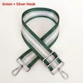 Detail of adjustable green and silver striped bag strap with durable metal lobster hooks - Green + Silver Hook