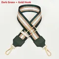 Detail of adjustable nylon bag strap with dark green and gold stripes and metal hooks - Dark Green + Gold Hook