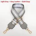 Detail of adjustable nylon strap with silver glitter stripes and gold metal hooks - Light Gray With Gray Leather Trim and Gold Hook