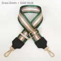 Detail of green striped nylon strap with gold hooks and adjustable metal slider for handbags - Grass Green + Gold Hook