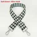 Close-up of dark green houndstooth jacquard shoulder strap with silver metal swivel hooks - Dark Green + Silver Hook