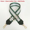 Detail of adjustable green striped nylon bag strap with leather ends and gold metal hooks - Green + Green Leather Trim + Gold Hook