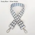 Detail of foggy blue houndstooth wide bag strap with silver metal hooks and buckle - Haze Blue + Silver Hook