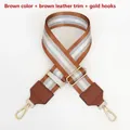 Detail view of brown nylon webbing strap with silver stripes and gold metal hooks - Brown Stripe with Brown Leather and Gold Hook