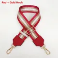 Detail of red and white striped nylon bag strap with polished gold metal hooks - Red + Gold Hook