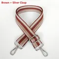 Close-up of brown and beige striped wide nylon bag strap with adjustable silver hooks - Brown + Silver Hook