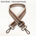 Detail of adjustable wide striped strap with gunmetal hooks in deep khaki and blue - Dark Khaki + Gunmetal Hook