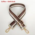 Detail of thickened coffee striped canvas bag strap with golden metal swivel hooks - Coffee + Gold Hook