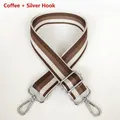 Close-up of brown and white striped wide bag strap with silver metal swivel hooks - Coffee + Silver Hook