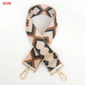 Detail of 5cm wide adjustable woven strap with pink and brown geometric rhombic patterns - Gold Hardware / A106