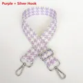 Detail of purple houndstooth wide bag strap with silver metal lobster clasps - Purple + Silver Hook
