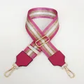 Detail of adjustable rose red striped nylon bag strap with gold metal lobster clasps - Rose Red + Gold Hook
