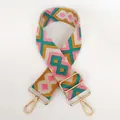 Close-up of 5cm wide bohemian geometric woven strap with gold metal lobster clasps - Gold Hardware / A108