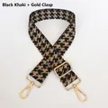Close-up of black and khaki houndstooth bag strap with gold metal swivel hooks - Black Khaki + Gold Hooks