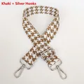 Close-up of khaki houndstooth bag strap with polished silver metal swivel hook - Khaki + Silver Hook