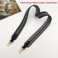 Detail of 3.8cm green canvas shoulder strap with gold hooks and black leather ends - 3.8cm / Green + Black (Silver Hook)