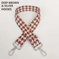 Detail of dark brown houndstooth bag strap with silver metal swivel hooks and buckles - Dark Brown + Silver Hook