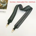 Close-up of 5cm wide green geometric woven shoulder strap with gold metal hooks - 5cm / Green + Green (Silver Hook)