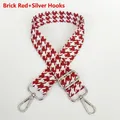 Detail of brick red houndstooth woven replacement strap with silver metal hooks and buckle - Brick Red + Silver Hook