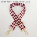 Detail of wine red houndstooth jacquard bag strap with polished gold metal swivel hooks - Wine Red + Gold Hook