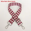 Detail of wine red houndstooth wide bag strap with silver metal swivel hooks - Wine Red + Silver Hook