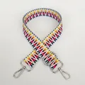 Detail view of woven colorful geometric pattern strap with silver metal swivel hooks - Multicolor Geometric Block Texture (B23+Silver Hook)