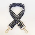 Close-up of geometric woven pattern and gold lobster clasp on adjustable bag strap - Blue White Geometric Plaid Weave (B27+Gold Hook)