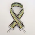 Detail view of woven adjustable guitar style purse strap with silver metal swivel hooks - Green Yellow Black Brown Geometric (B45+Silver Hook)
