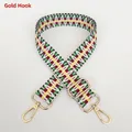 Macro detail of embroidered geometric bag strap with adjustable gold swivel metal hooks - Red Green Geometric Pixel Texture (B28+Gold Hook)