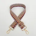 Detail view of woven bag strap with geometric patterns and gold metal swivel snap hooks - Beige Brown Geometric Step Pattern (B29+Gold Hook)