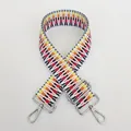 Close-up of geometric woven shoulder strap with silver hooks and adjustable buckles - Ethnic Multicolor Blocks (B47+Silver Hook)