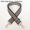 Detail of adjustable thick canvas strap with brown geometric rhombus pattern and gold hooks - White Edge Brown + Gold Hooks
