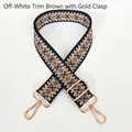 Detail of bohemian geometric rhombus pattern on thick canvas strap with gold hardware - Cream Edge Brown + Gold Hooks